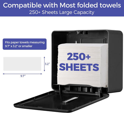 2-Pack Multifold Paper Towel Dispenser Wall Mount (Black) – Large Capacity C-Fold, Trifold, and Folded Commercial Hand Towel Holder for Bathroom & Restroom – Adhesive or Screw Mounted