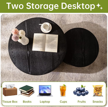 Round Nesting Coffee Table Set of 2 Small Round Coffee Tables for Living Room Modern Fluted Coffee Table Circular End Table Side Table for Small Spaces No Assembly (Black B, 27 in)