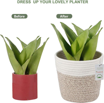 Cotton Rope Plant Basket Modern Woven Basket for 6" Flower Pot Floor Indoor Planters,Rustic Home Decor Storage Organizer H6 3/4" x W6 1/2"