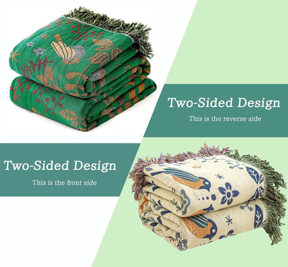 MSGKV Boho Throw Blanket 100% Cotton Green Blanket 90''x 98'' Double Sided Knit Blankets with Tassels Reversible Warm Soft Blanket Throw Blankets for Bed Sofa Living Room