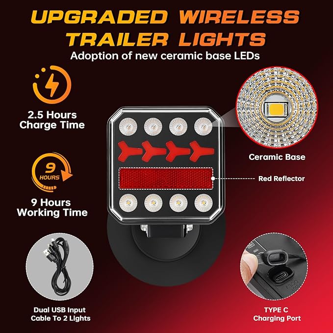 Wireless Trailer Lights, Rechargeable Magnetic LED Trailer Lights with Reverse Light, Portable Wireless Tow Tail Light Kit for Trucks, Boats, RVs, Campers, IP67 Waterproof