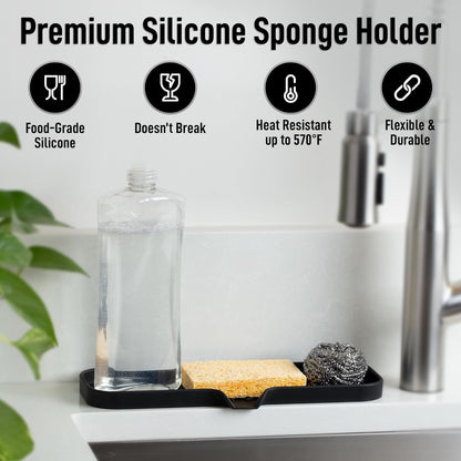 Zulay Kitchen Large Silicone Sponge Holder (12x4) – Flexible Sink Organizer Tray for Kitchen & Bathroom – Multipurpose Soap Dish for Sponges, Makeup, Trinkets & More (Black)