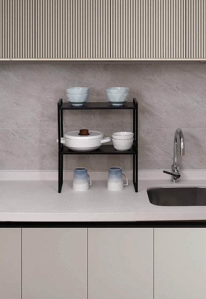 Nxconsu 2Pack Cabinet Shelves Stackable Shelf Organizer Rack Riser for Kitchen Cabinet Pantry Cupboard Counter Countertop Home Organization Storage Space Saver Heavy Duty Metal Nonslip Black Wide Tall