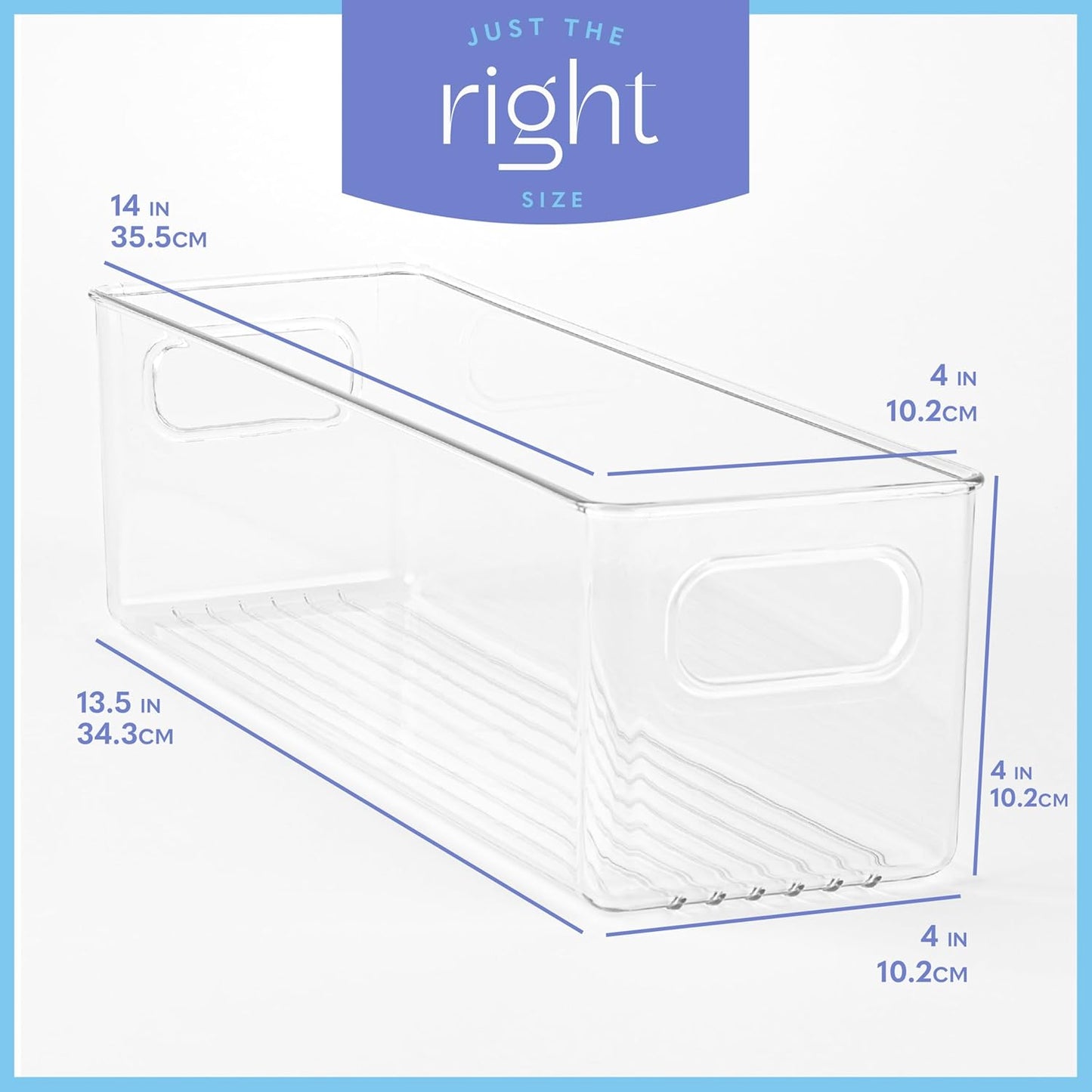 Plastic Food Storage 6 Pack Clear Container Bin with Handles for Organizing Kitchen, Pantry, Refrigerator, Freezer, Pantry, Cabinet, Closet, Bathroom. 14”x4”x4”