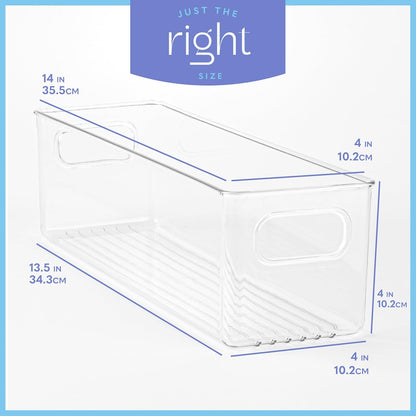 Plastic Food Storage 6 Pack Clear Container Bin with Handles for Organizing Kitchen, Pantry, Refrigerator, Freezer, Pantry, Cabinet, Closet, Bathroom. 14”x4”x4”