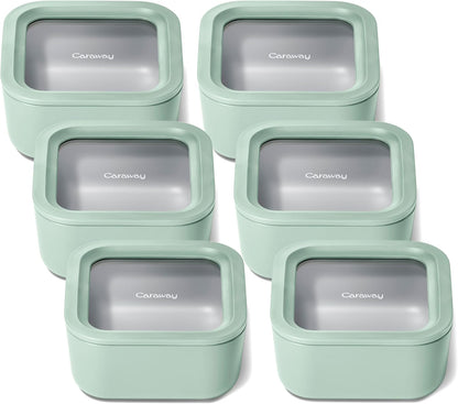 Caraway 6pc Glass Food Storage Set – 4.4 Cup Food Containers (6) - Ceramic Coated - Non Toxic, Non Stick with Lids - Microwave Safe - Mist