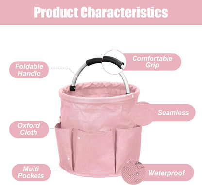 Qivine 17L Cleaning Caddy with Handle, Cleaning Supply Caddy Foldable Tool Bag Cleaning Products Organizers Portable Cleaning Bucket Organiser for Storing Towels (Pink)