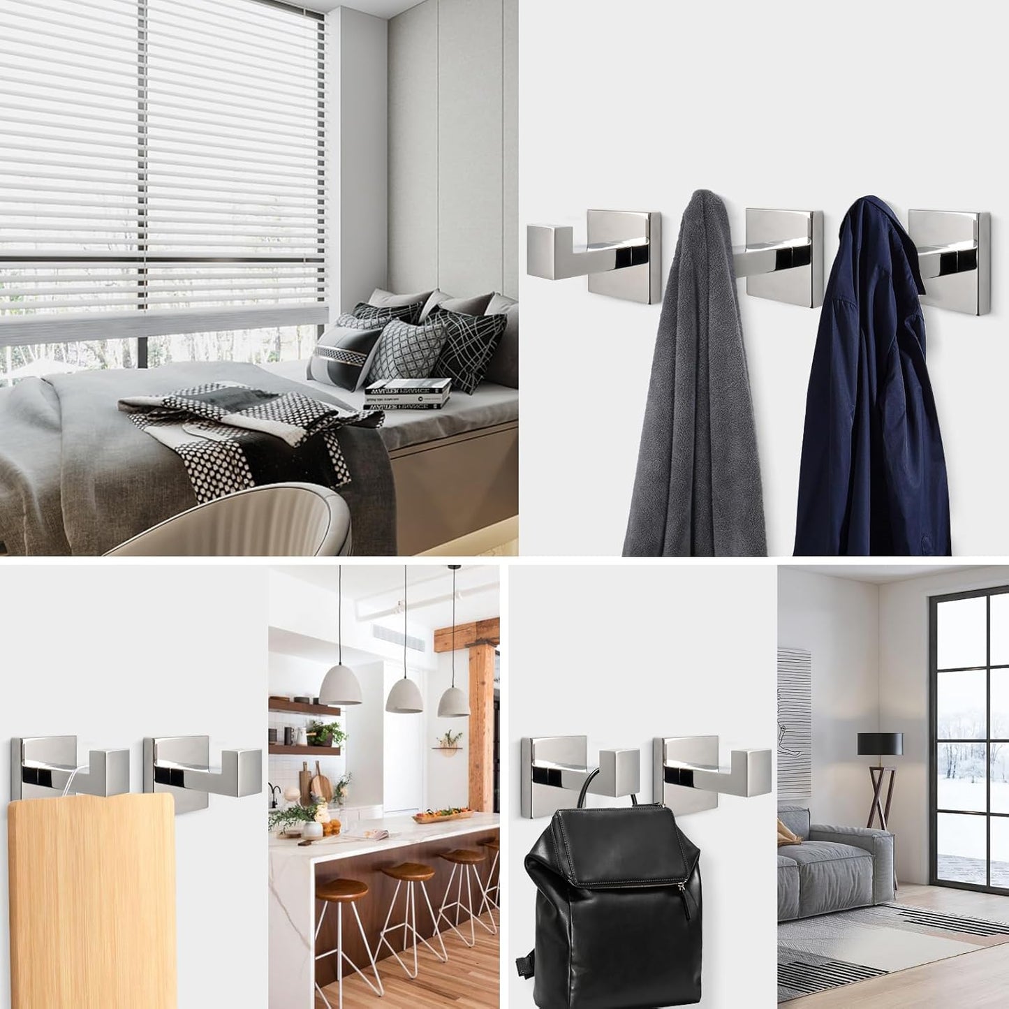 NearMoon Bath Towel Hooks -SUS304 Stainless Steel Square Clothes Robe Hooks Hanger, Heavy Duty Coat Hooks for Bathroom Livingroom Hotel Kitchen Garage, Wall Mounted - 3 Pack (Chrome Finish)