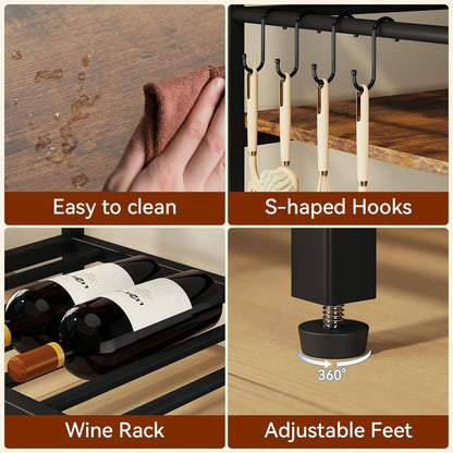 IBUYKE Kitchen Island with Storage, Bakers Rack with Power Outlet,Microwave Stand with Large Worktop,Rolling Bar Cart for Home, Outdoor, Kitchen,Rustic Brown and Black TMJ029H