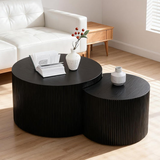 Round Nesting Coffee Table Modern Black Fluted Coffee Table Set of 2 for Living Room Circle Drum Coffee Tables Round Nesting Tables Crescent Side Accent End Table for Small Space (Black A 27in)