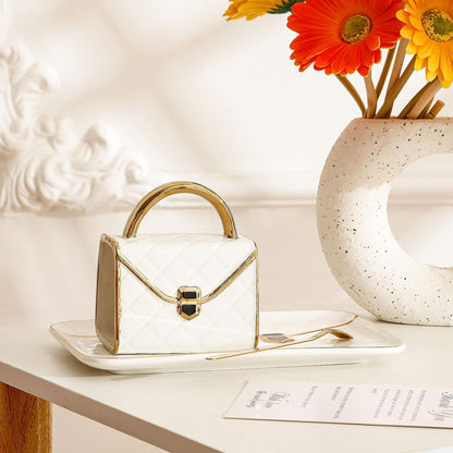 Zubebe 1 Set Coffee Mug Elegant Handbag Shaped Cup Modern Ceramic Purse Mug with Spoon and Saucer, 10oz Cute Creative Tea Cup for Office Home Woman Girls Gift (White)