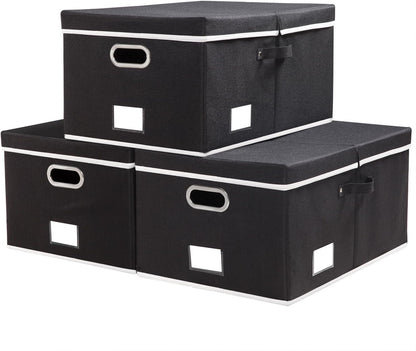 PRANDOM Storage Boxes with Lids [3-Pack] Fabric Collapsible Storage Bins Organizer Containers Baskets Cube with Cover for Home Bedroom Closet Office Nursery Black（23.4X15.9X11.5