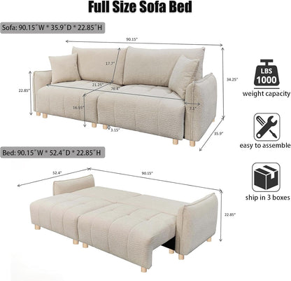 Convertible Sofa Bed, 90" Full Size Sleeper Sofa with Storage, Tufted Chenille 3 Seat Sofa Couches for Living Room, Small Spaces, Guest Room, Apartment, Beige