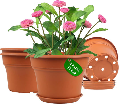 11 Inch Plastic-Flower-Pot-for-Indoor-Plants, 4 Pack Large Outdoor Planter Pot with Drainage Holes & Saucers, Resin Decorative Garden Pots Planters