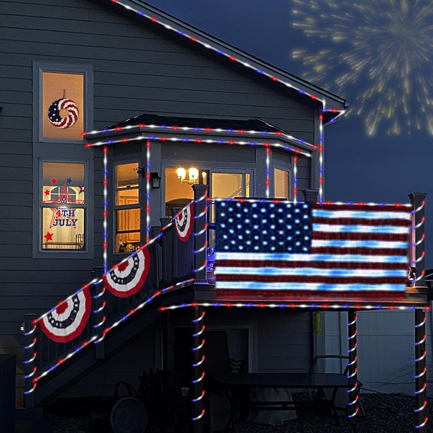 YEGUO 4th of July Decorations Red White and Blue Lights, 2 Packs Each 33ft 100 LED Solar Rope Light with 8 Modes for Patriotic Independence Memorial Day Decor