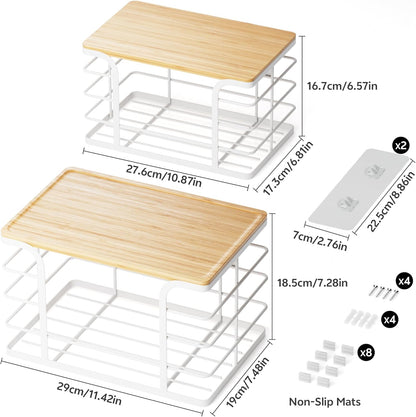 2 Pack Extra Large Stackable Pantry Organizer,Wall Mount Garbage Bag Holder Dispenser with Bamboo Top for Kitchen Laundry Room Organization,White