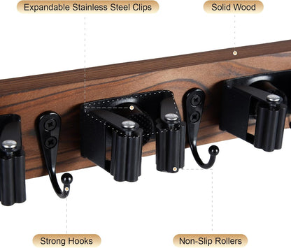 Broom Holder Wall Mount With 5 Slots & 4 Hooks，Rustic Wood Broom & Mop Hanger，Wall Mounted Garden & Garage Tool Storage Organizer Rack for Closet Laundry Room or Kitchen Wall Decor