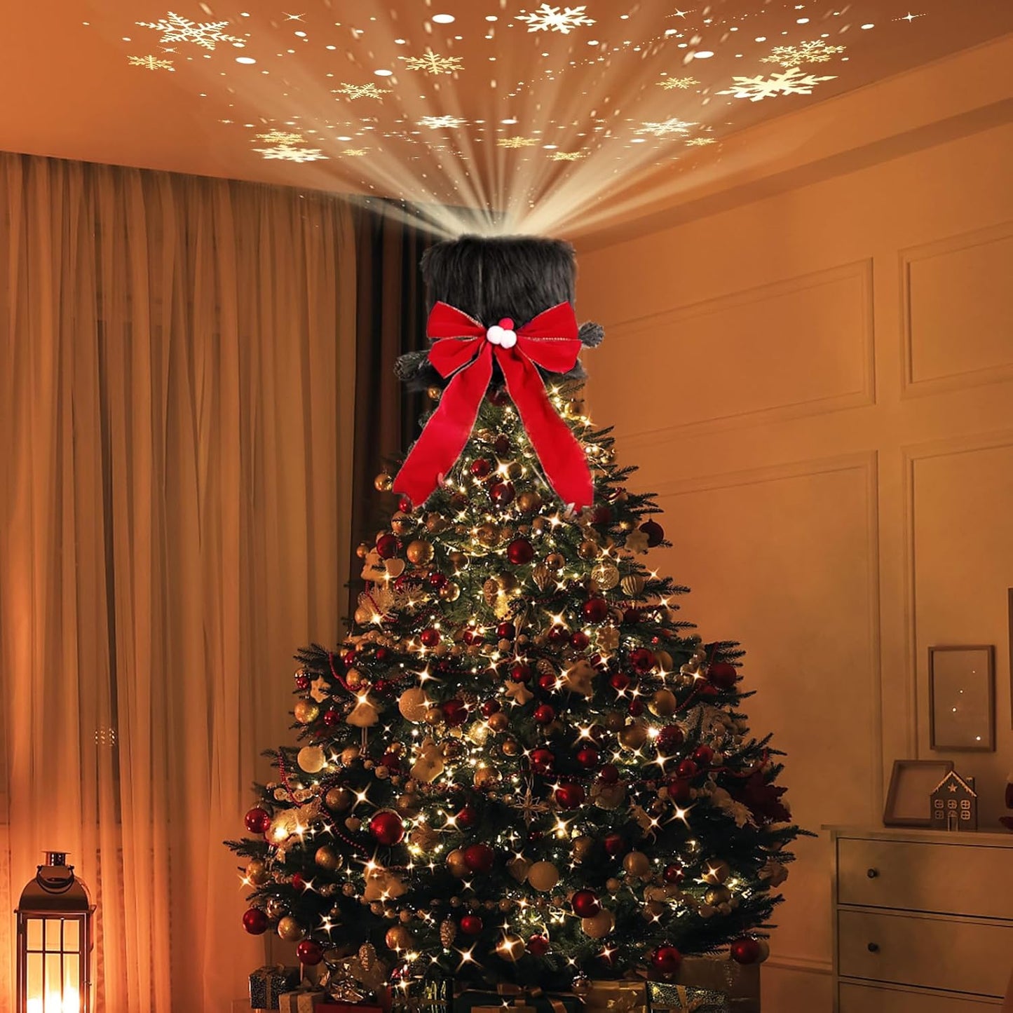 Christmas Tree Topper Hat with 3D LED Rotating Snowflake Projector, Black Plush Tree Toppers Red Bow Decorations for Christmas Tree Holiday Winter Party Home Indoor Decorations