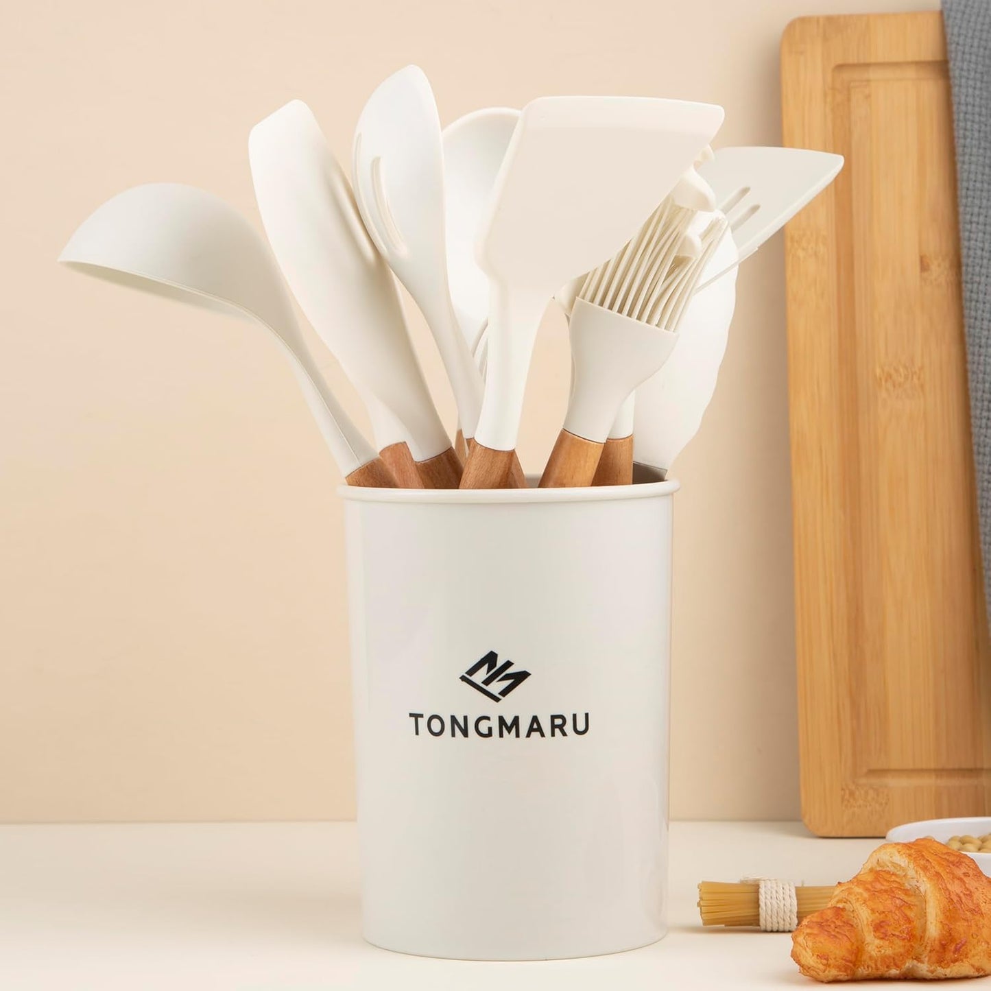 Silicone Cooking Utensils Set, Premium Beech Wood Handle Kitchen Gadgets Utensil Set, Non-Stick Kitchen Utensils Spatula, Tongs, Turner, Whisk, Brush, Spoon, BPA FREE, 446°F Resistant (White)