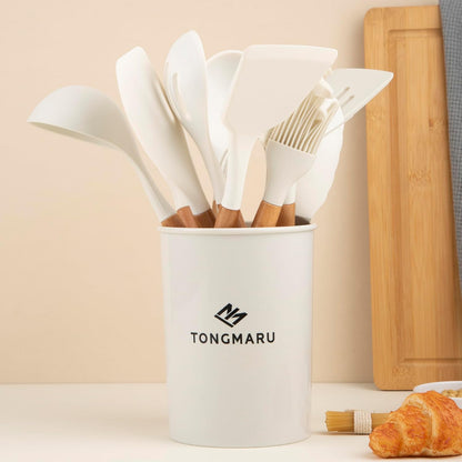 Silicone Cooking Utensils Set, Premium Beech Wood Handle Kitchen Gadgets Utensil Set, Non-Stick Kitchen Utensils Spatula, Tongs, Turner, Whisk, Brush, Spoon, BPA FREE, 446°F Resistant (White)
