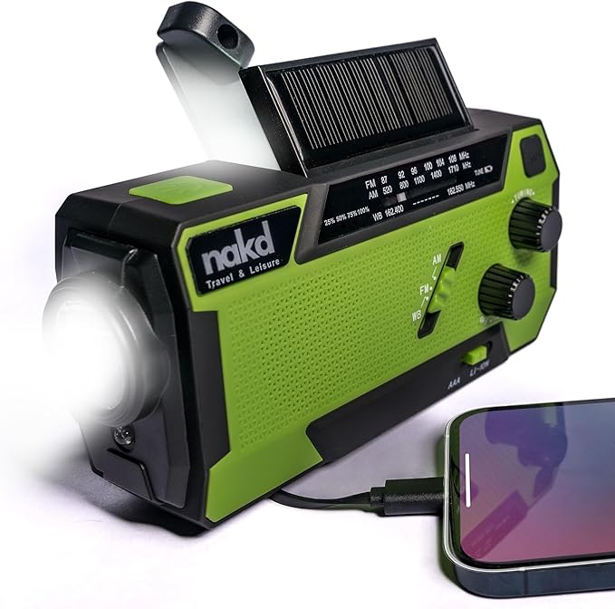 Hand Crank Weather Emergency Radio: Dynamo, Solar, USB and Battery Powered - Upgraded 14800mWh Battery, Flashlight, NOAA Storm Alert, SOS Alarm, 3 External Charger Cables - Cell Phone Emergency Power