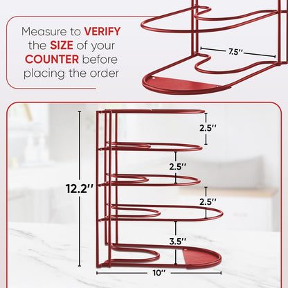 Heavy-Duty Pots and Pans Organizer | 5-Tier Cookware & Lid Storage Rack | Free-Standing or Wall-Mount | Kitchen Organizer for Cast Iron Skillets, Pots, Frying Pans, Lids | Red