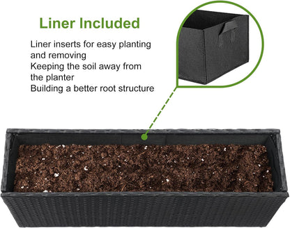 LEWIS&WAYNE Large Rectangular Block Planter Box Handmade Wicker Tall Planters for Outdoor Plants with Removable Liners Modern Planter for Indoor Outdoor Patio Deck - Black, 36''x12''x16''