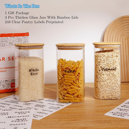 3 Pcs Square Glass Pantry Storage Containers with Bamboo Airtight Lid and 248 Clear Pantry Labels Preprinted - 52oz Thicken Glass Food Storage Jars for Coffee, Cookie, Tea, Sugar, Spice