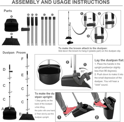 Broom and Dustpan Set, Large Household Broom with Dustpan Combo Set, 55" Long Handle Black Dust Pan Kit for Kitchen Lobby Office Indoor Outdoor