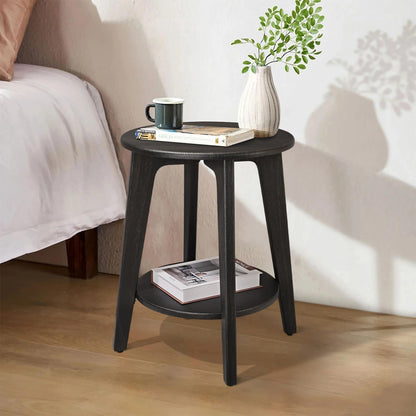 Round Side Table Black Gold Wooden End Table with Lower Shelf Rustic Vintage Nightstand Beside Table for Living Room Bedroom Small Spaces