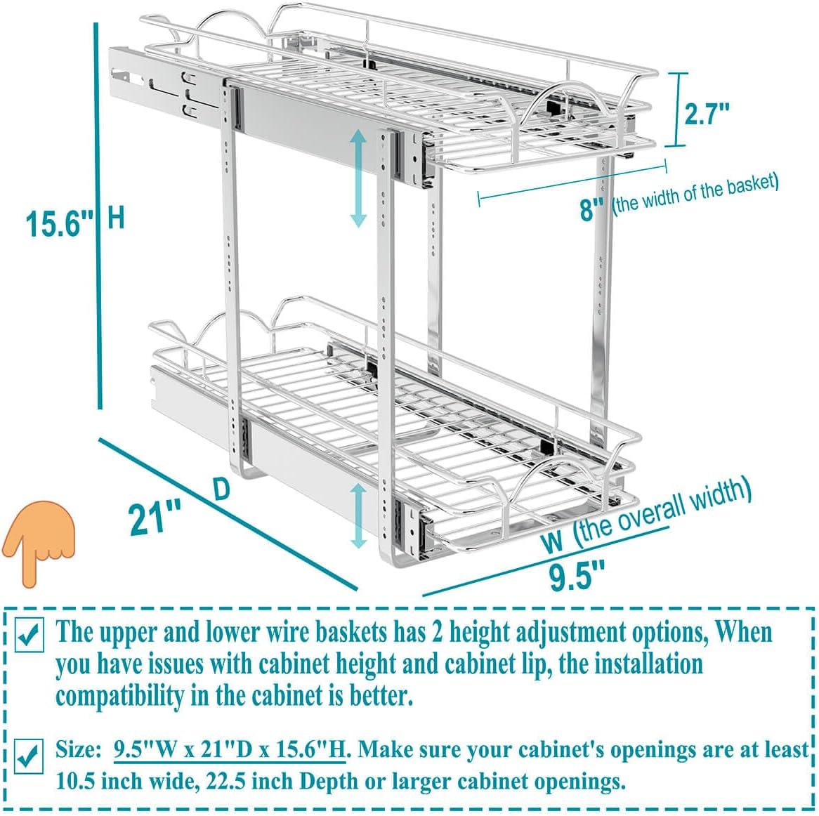 OCG 2 Tier Pull Out Cabinet Organizer (9.5" W x 21" D), Pull Out Drawers for Kitchen Cabinets, Pull Out Shelves for Base Cabinet Organization in Kitchen Bathroom Pantry, Chrome Finish