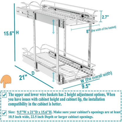 OCG 2 Tier Pull Out Cabinet Organizer (9.5" W x 21" D), Pull Out Drawers for Kitchen Cabinets, Pull Out Shelves for Base Cabinet Organization in Kitchen Bathroom Pantry, Chrome Finish
