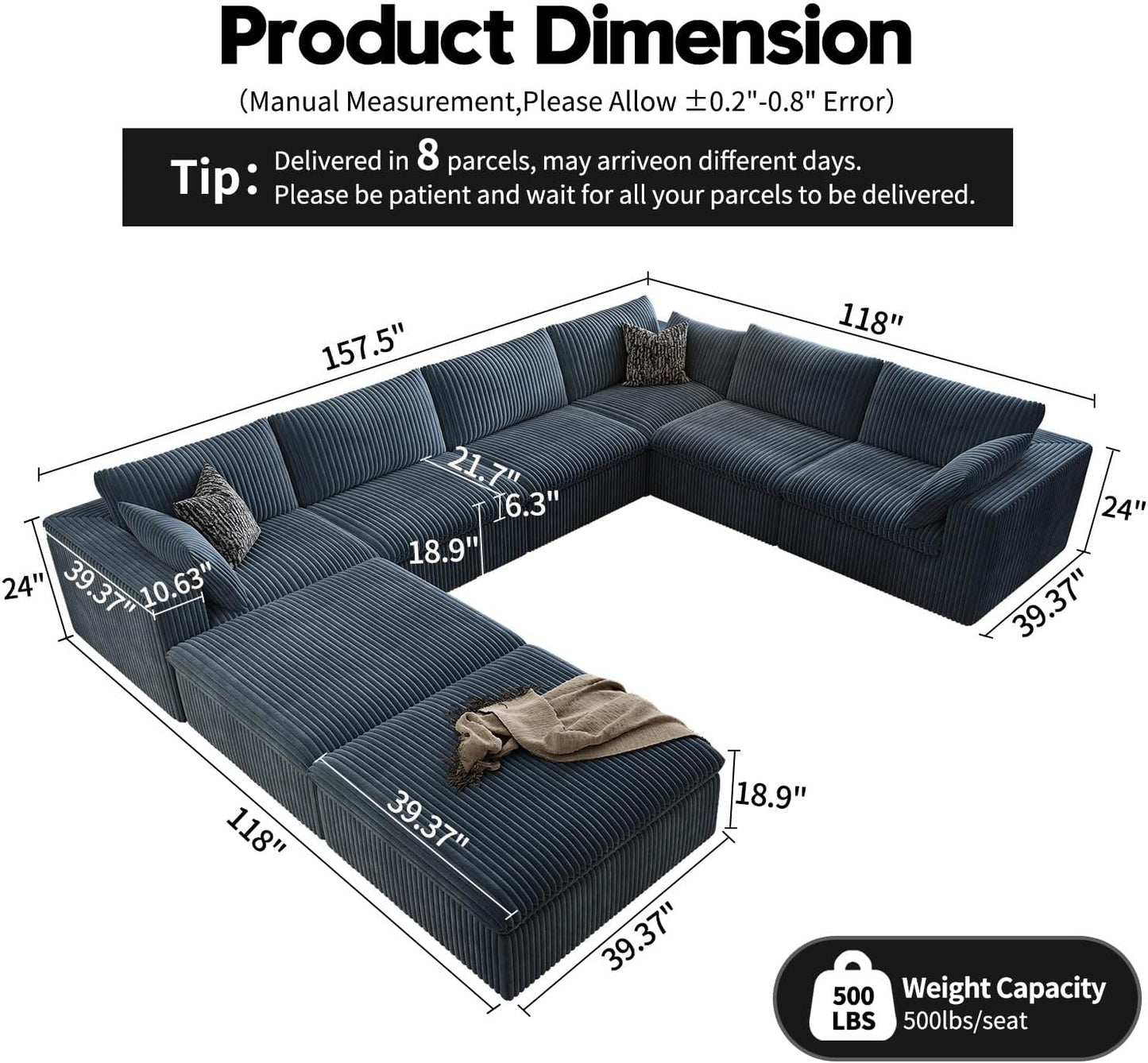 157.5" Cloud Couch Oversized Modular Sectional Sofa for Living Room,Modern Sofa with Deep Seat，8 Seater Boneless Couch with 2 Ottoman,Comfy Upholstered Couches for Apartment, Studio, Office,Blue
