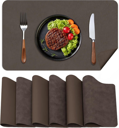 BLESWIN Faux Leather Placemats, Set of 6, 12×17 Inch -Double Side Texture Color Table Mats, Heat-Resistant, Waterproof and Oil-Resistant, Suitable for Dining Room, Kitchen, Party, Outdoor - Dark Brown