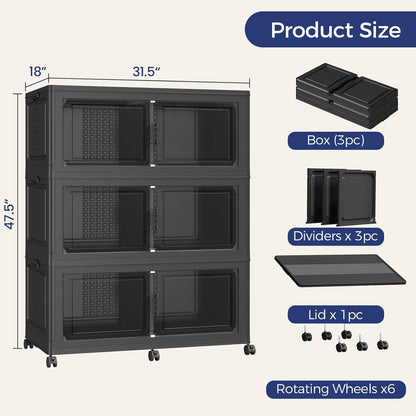 150GAL Extra Large Storage Bins with Lid, 600Qt Stackable Closet Organizers and Drawers, Collapsible Storage Bins with Wheels, Folding Storages Cabinet for Home Bedroom Office, 3Pack Black