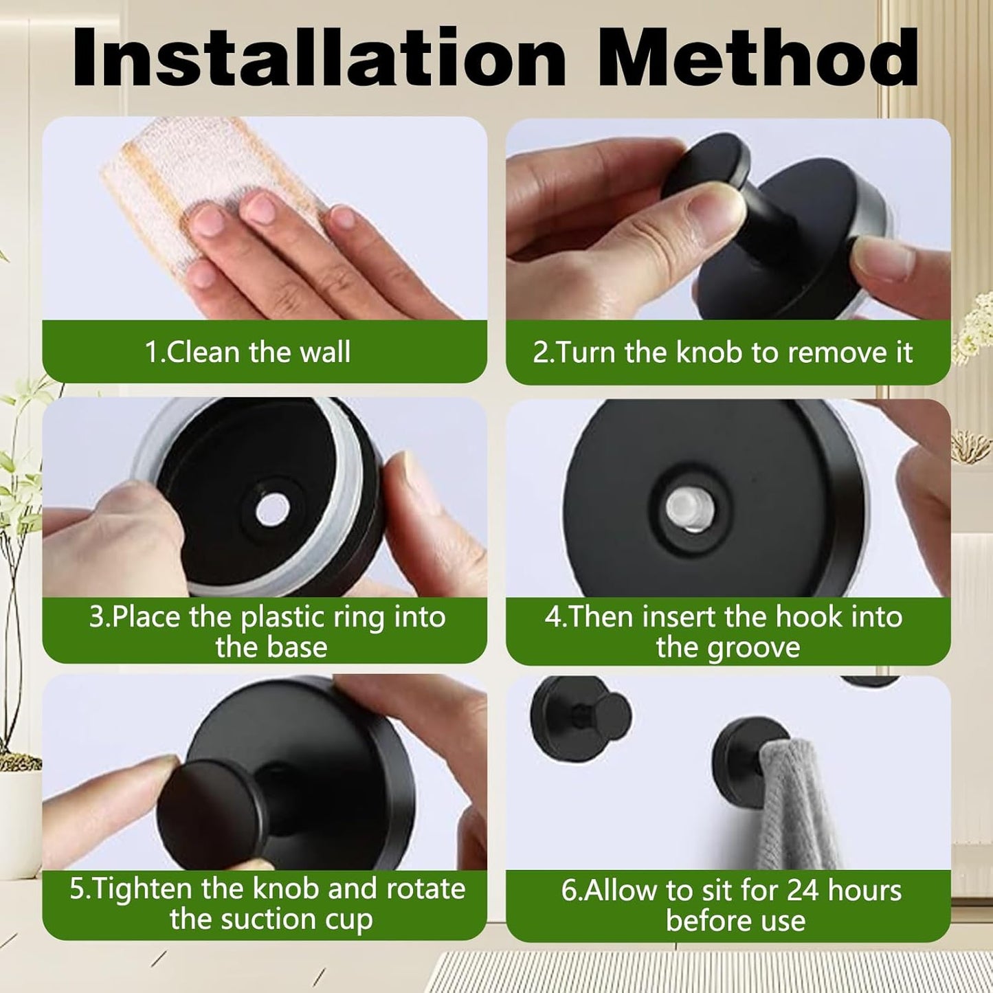 Suction Cup Hooks for Wreaths on Glass, No-Drill Suction Cup Hooks, Wreath Hangers for Front Doors, Metal Towel Hooks for Showers Bathrooms Mirrors (2Pcs Black)