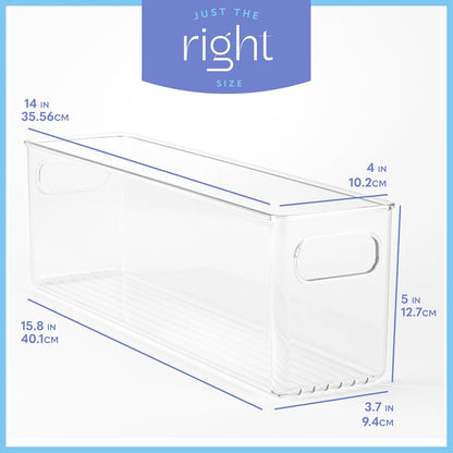 Plastic Food Storage 4 Pack Clear Container Bin with Handles for Organizing Kitchen, Pantry, Refrigerator, Freezer, Pantry, Cabinet, Closet, Bathroom. 14”x4”x5”