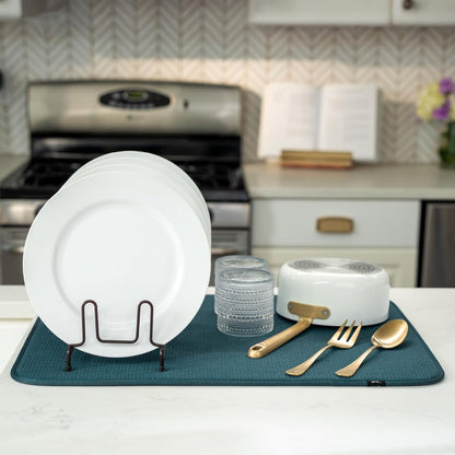 S&T INC. Dish Drying Mat XL, 18” x 24”, Absorbent Microfiber Kitchen Counter Mat, Dish Drying Pad for Dishes, Utensils, Pots and Pans, Extra Large, Tapestry Blue