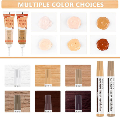 Wood Furniture Repair Kit - 6 Oak Color Wood Fillers with 6 Touch Up Markers and Wood Polish Wax for Wooden Stains, Scratch Repair, Cracks, Perfect for Laminate, Cabinet, Tables, Oak, Walnut