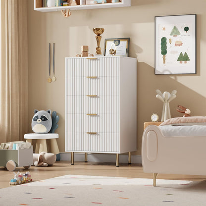 GarveeHome Fluted 5 Drawer Dresser for Bedroom, 47.2" Tall Modern Chest of Drawers with Deep Drawers and Wide Top, Wooden Dresser Organizer for Living Room, Hallway, Kids Room, White