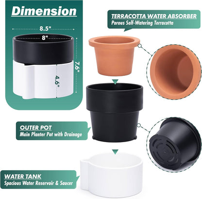8 Inch Self-Watering Planter Pot with Terracotta Insert, Deep Water Reservoir, and Ceramic-Alike BPA-Free Plastic Planter Pot for Plant, Modern Planter for Houseplants, White/Black, 53-B-T-4