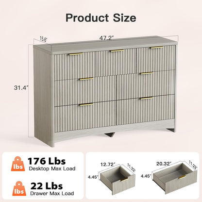 Pipishell Fluted 7 Drawers Dresser for Bedroom, 47" Wooden Drawers with Metal Handle, Dressers with Round Corner Design, Closet Storage Organizer for Bedroom, Hallway, Grey