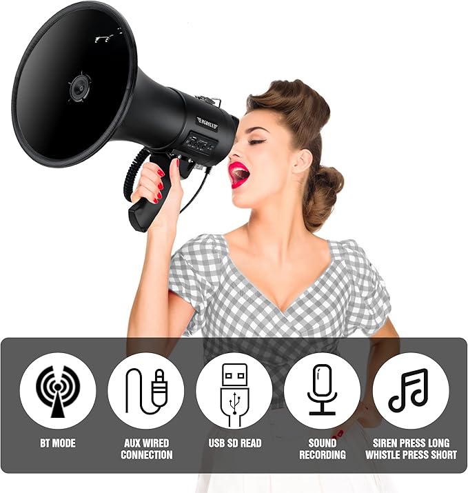 Bluetooth Megaphone Bullhorn, 50Watt Loud Speaker w/Rechargeable Battery, Built-in Siren and 260S Recording, USB/SD/AUX Input-for Outdoor, Police, Cheerleading(Matte Black)
