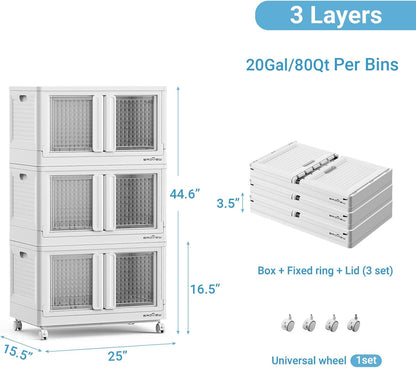 300Qt Stackable Storage Bins with Lids, 75Gal Closet Organizers and Storage Drawer, Plastic Collapsible Storage Bins with Doors, Heavy Duty Store Box Cabinet for Home Kitchen, 3Pack White