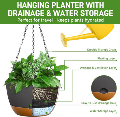8 Inch Hanging Planters for Indoor & Outdoor Plants (2 Pack) - Self-Watering & Drainage Flower Pots with 2 Kinds of Plant Hangers for Home Decor & Garden (Deep Gray, 8 in)