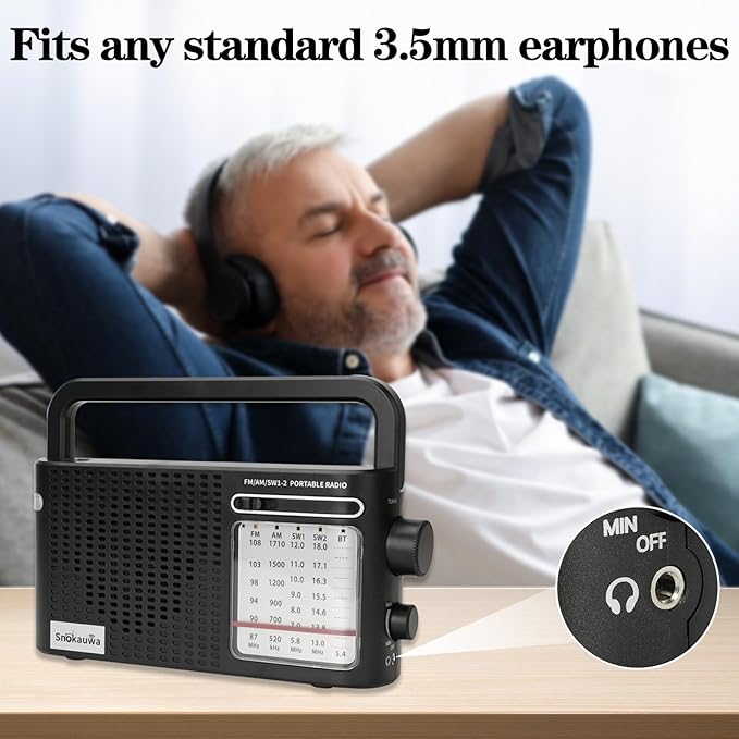 Portable Weather Radio AM FM SW,Wall Plug and Battery Powered,with Bluetooth,Big Speaker,Large Dial,High/Low Tone Mode,Earphone Jack,Flashlight,for Home,Picnic,Gifts for Seniors Elderly
