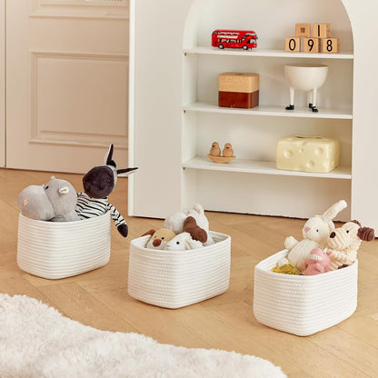 Small Cotton Rope Storage Basket Set of 3-11"x7"x7" Perfect Woven Baskets for Storage, Ideal Storage Baskets for Organizing Toys, Towels, and More - Baskets for Shelves and Home Decor（White）
