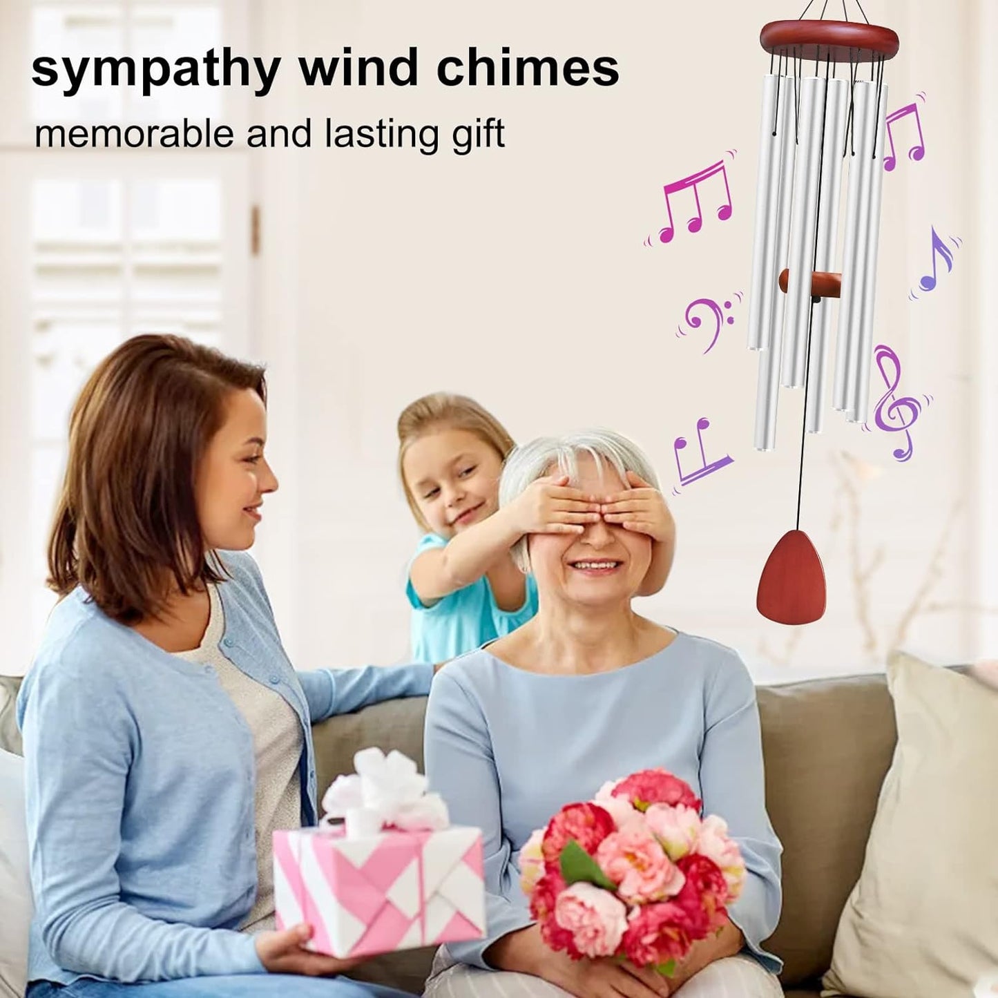 Large Aluminium Wind Chimes Outside, Soothing Melodic Memorial Sympathy Wind Chime, Suitable Outdoor Garden Decor, Gift for Mom Women Neighbors (Silver Wind Chimes-36)