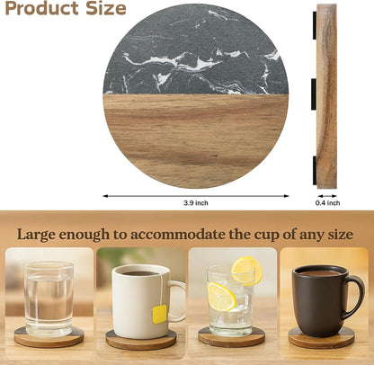 ZENFUN 6 Pc Black Marble Wood Coasters, Round Coaster, Handcrafted Artificial Marble Coasters Set for Your Drinks and Beverages, Tea, Coffee, Wine/Bar Glasses, Tabletop Protection Helper