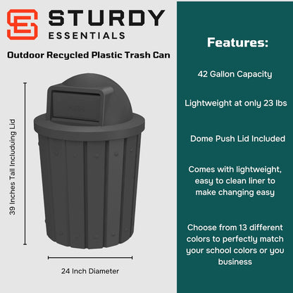 42 Gallon Slatted Circle 100% Recycled Plastic Commercial Outdoor and Indoor Trash Can with Push Open Dome Lid and Internal Liner | Great for Schools and Businesses - Black